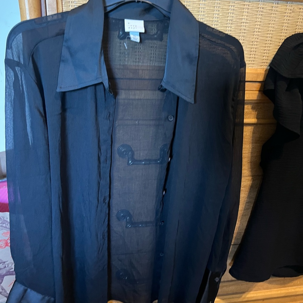 a new day Sheer Black Button-Up Blouse